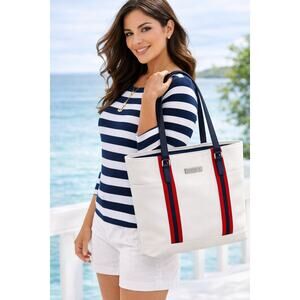 Nautica Bowline Shopper Tote White Multi Nautical Stripe Zip Top NWT